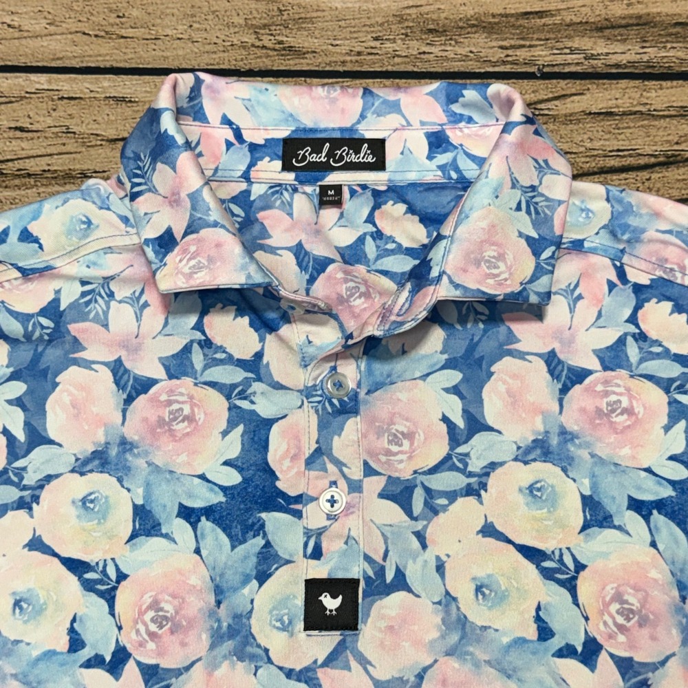 Bad Birdie Polo Shirt Mens Medium Blue Pink Floral Watercolor Golf Performance
